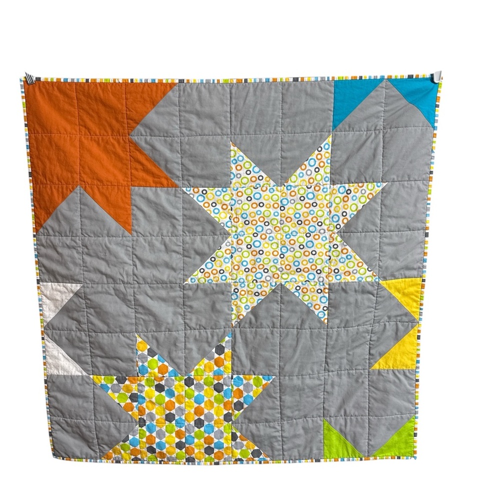 Modern Handmade Baby Quilt Gray‎ Orange Yellow Geometric Stars Zoo Animal